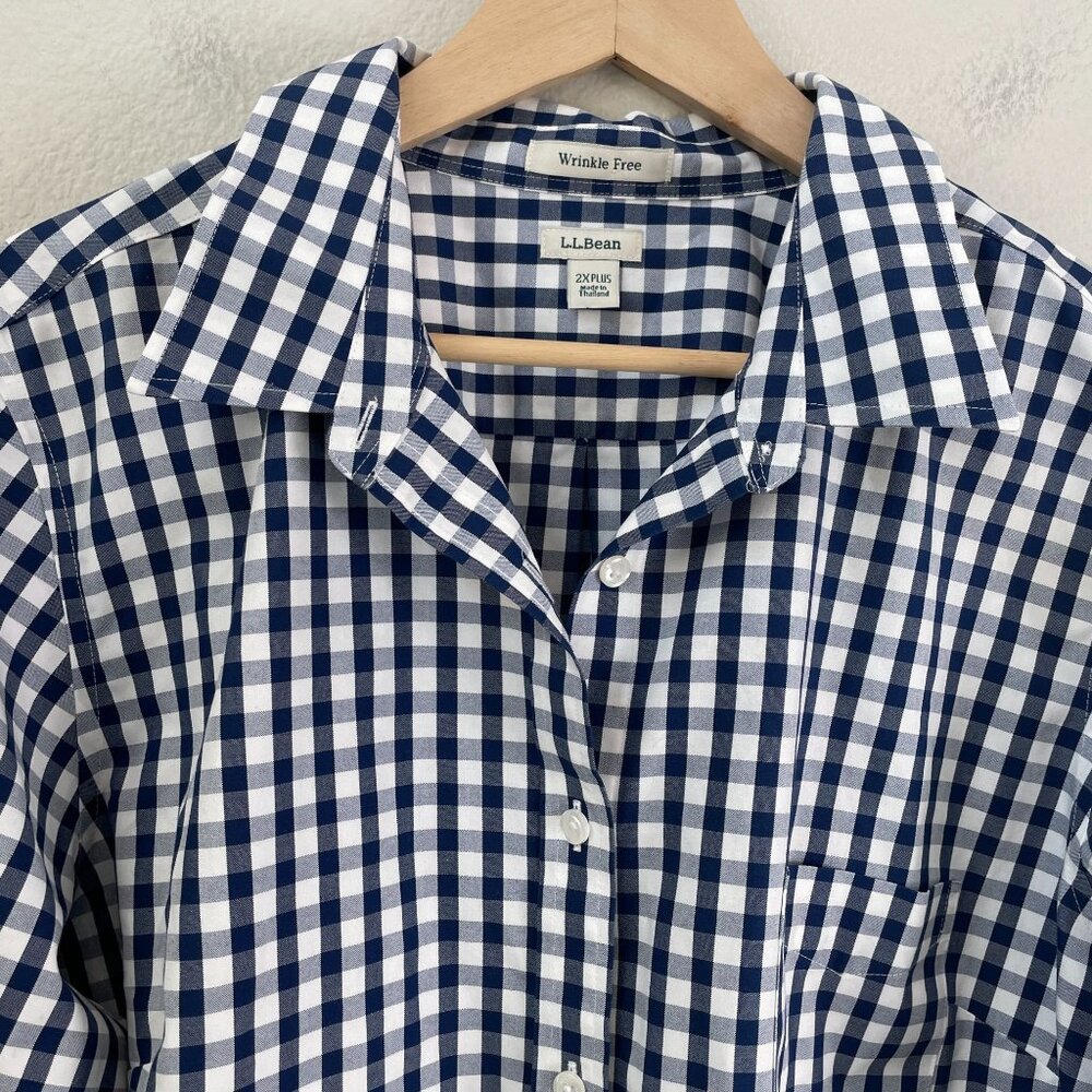 LL Bean Womens Plus 2X Wrinkle Free Blue Gingham Button Up Shirt Long Sleeve Top - Picture 6 of 7